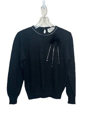 Vtg Adolfo Black Angora Wool Sweater Rhinestone Feather Trim L Coquette Glam